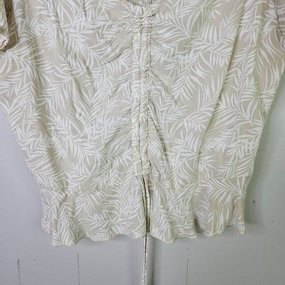 Japna Beige Tropical Crop Top Short Sleeve Blouse Size Large Beachy Coastal - Picture 5 of 9
